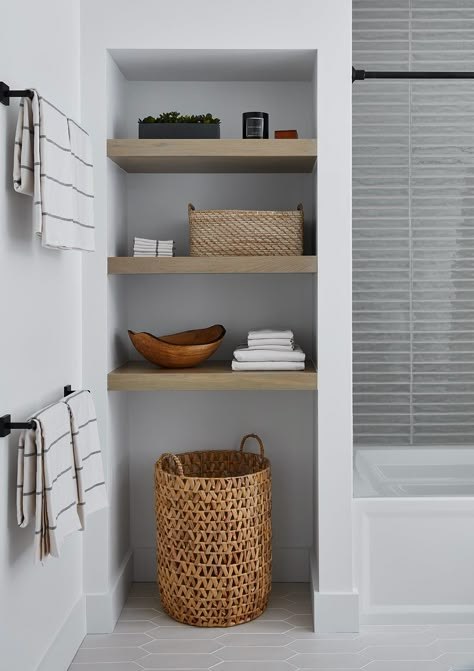 Neutral Bathroom Ideas Earth Tones, Bathroom Closet Organization Ideas, Bathroom Closet Organization, Closet Organization Ideas, Modern Farmhouse Bathroom, Bathroom Redesign, Bathroom Closet, Upstairs Bathrooms, Unfinished Basement