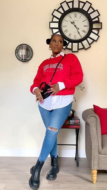 Keshis Glow on Instagram: "I put together the cutest preppy look, with this red sweatshirt i recently purchased. Officially adding more red items in my closet ❤️❤️❤️…… ___________________________________ Fit; Boots - @shoptemu Sweatshirt - @sheinofficial" Sweatshirt With Button Down, Preppy Sweatshirt Outfit, Sweatshirt Jeans Boots Outfit, Sweatshirt And Boots Outfit, Red Sweatshirt And Jeans Outfit, Dressing Up A Sweatshirt, Red Sweatshirt Outfit Winter, Urban Style Red Sweatshirt For Fall, Trendy Red Sweater With Buttons