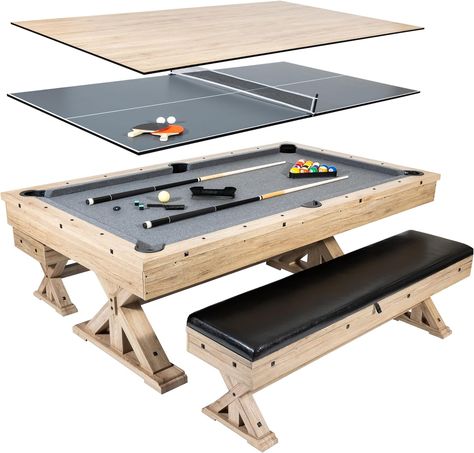 7 FT 3 in 1 Multi Game Pool Table with Dining Top Pool Table Ping Pong Table Combo with Dual Storage Bench Seating, Rustic Oak Dining Billiard Table, Pool Ping Pong Table, Hidden Pool, Multi Game Table, Oversized Chair Living Room, Storage Bench Seating, Pool Tables, Game Storage, Backyard Renovations