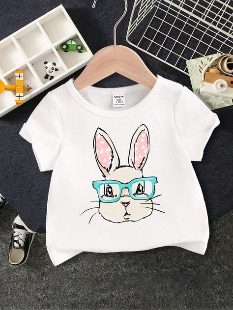 White  Collar Short Sleeve Knitted Fabric Cartoon Tee Embellished Slight Stretch  Baby Boys Clothing Boys Tops, Cute Easter Bunny, Wearing Glasses, Cute Easter, White Collar, Boys Clothing, Baby Boy Outfits, Printed Shorts