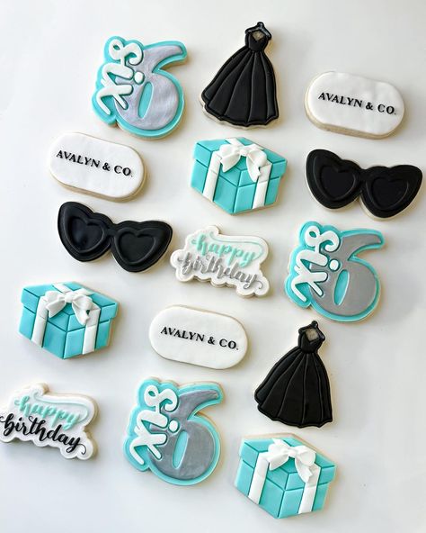 🖤Avalyn & Co. 💎 Tiffany themed cookies for her 6th birthday #tiffanycookies#tiffanyandco#cookies#sugarcookies#lasvegascookies | Instagram Tiffany And Co Bridal Shower Cookies, Tiffany Cookies Decorated, Tiffany Cookies Royal Icing, Tiffany’s Birthday Cake, Breakfast At Tiffany’s Party Favors, Tiffany Theme, Cookies Birthday, Themed Cookies, 50th Bday