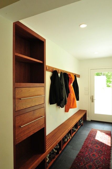 Mid Century Modern - Midcentury - Entry - Portland Maine - by Cormack Construction Management | Houzz Hall Tree Mid Century Modern, Mid Century Modern Drop Zone, Mid Century Modern Entrance Hall, Mudroom Mid Century Modern, Mid Century Mud Room Ideas, Mid Century Mud Room, Retro Mudroom, Mid Century Mudroom Ideas, Mid Century Modern Mudroom Entryway