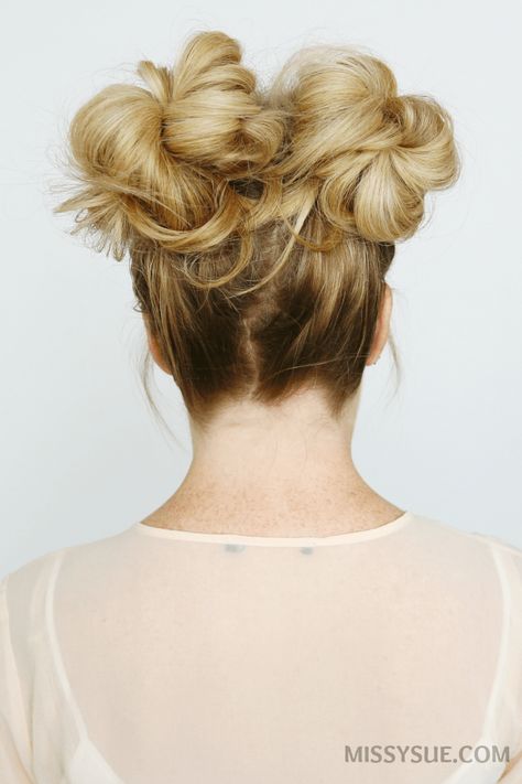 double-high-buns-tutorial Mini Bun Hairstyles, Mini Bun, Missy Sue, High Hair, Easy Bun Hairstyles, Messy Bun Hairstyles, Bun Hairstyles For Long Hair, Feathered Hairstyles, Cool Haircuts