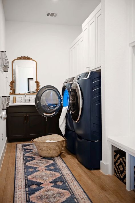 Blue Washer And Dryer, Farmhouse Dinnerware Sets, Washer Dryer Laundry Room, Blue Laundry Rooms, Navy Blue Decor, New Washer And Dryer, Dream Laundry Room, Laundry Dryer, Reclaimed Furniture