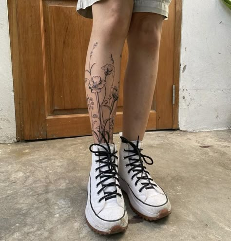 Flower Sleeve Tattoo Leg, Plants Growing Up Leg Tattoo, Delicate Shin Tattoo, Small Tattoos Legs Women, Wildflower Tattoo Lower Leg, Flowers On Shin Tattoo, Wildflowers Leg Tattoo, Outline Leg Tattoo, Botanical Shin Tattoo