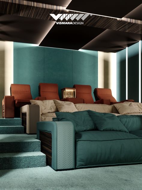 Colourful home theater room with sofas and recliner seating. Complete of fitted carpet and cladding by Vismara Design Italy Sala Cinema, Theater Sofa, Home Theater Room Design, Theater Room Design, Auditorium Seating, Home Cinema Seating, Home Cinema Room, Italian Home, Home Theater Rooms