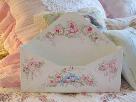 Coquette Paintings, Painted Envelopes, Coquette Painting, Cascading Roses, Letter Aesthetic, Decorated Letters, Decorated Envelopes, Flower Pot Crafts, Painted Roses