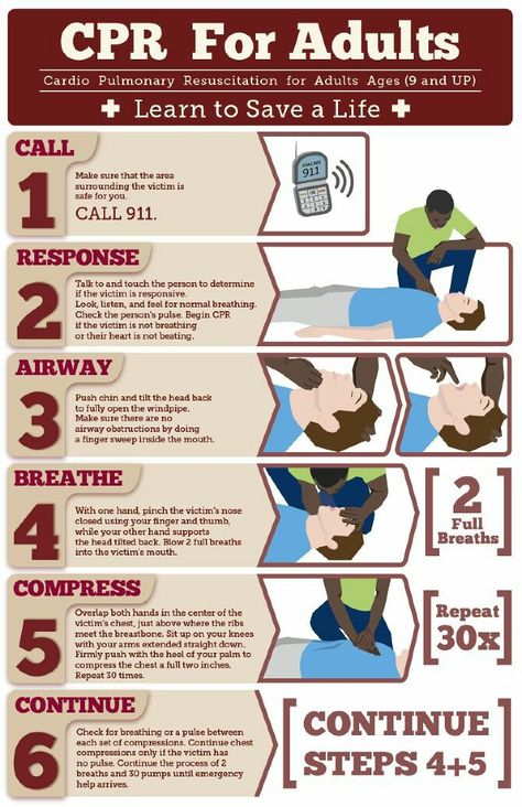 CPR for Adults. Learn how to save a life. Remember the steps: 1 Call, 2 Response, 3 Airway, 4 Breathe, 5 Compress, 6 Continue. To train for CPR you can also use a CPR manikin Sharing is caring, you never know when you will need someone perform CPR to... Cpr Chart, How To Perform Cpr, First Aid Cpr, Cardiopulmonary Resuscitation, First Aid Tips, Emergency First Aid, Medical Emergency, Emergency Prepping, Medical Knowledge