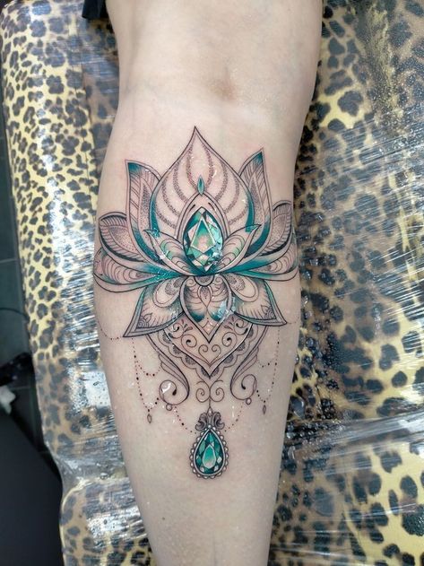 Gemstone Mandala Tattoo, Lotus Jewel Tattoo, Diamond Lotus Tattoo, Aquamarine Stone Tattoo, Lotus And Lace Tattoo, Jewel Mandala Tattoo, Mandala With Jewels Tattoo, Aquamarine Gemstone Tattoo, Gemstone Chest Tattoo