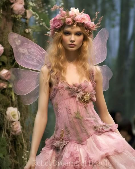 Fariy Tail Aesthetic Dress, Pink Fairy Outfit, Pink Hair Fairy, Pink Fairy Aesthetic, Garden Fairy Costume, Fairy Headpiece, Moss Dress, Fairy Photoshoot, Fairy Halloween Costumes