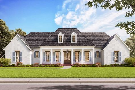 A white brick exterior greets you to this classic southern house plan. The home has great visual symmetry from the curb, with the porch centered on the home - with two dormers above - and matching gables on each side.French doors open to reveal the open concept layout at the center of the home. Yours views are unobstructed from kitchen to great room. A pair of French doors opposite the foyer takes you to the rear porch. At 13 Southern House Plans With Porch, Madden Home Design, Southern House Plan, Porch House Plans, Southern House, House Plans One Story, Plans Architecture, Open Concept Layout, Southern House Plans