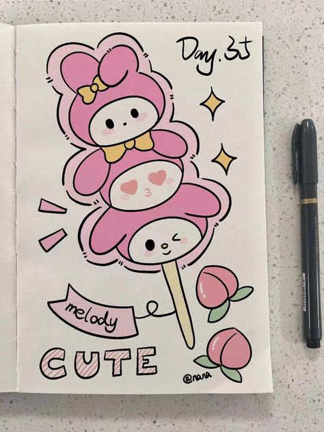 Kawaii Drawings Hello Kitty, Cute Drawings Sanrio, Tanghulu Drawing, Hello Kitty Aesthetic Drawing, Sanrio Drawing, Sanrio Drawings, Images Hello Kitty, Sweet Drawings, Cute Easy Doodles