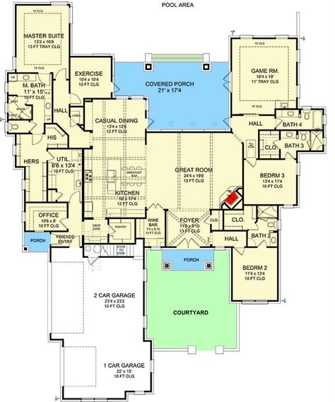 Game Room Floor Plans, Hidden Pantry Floor Plan, Home With Courtyard, Exercise Rooms, Multigenerational House Plans, Pocket Office, Bar Flooring, Floor Plans Ranch, Exercise Room