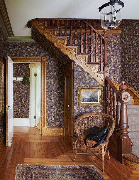 House & Home - A Couple From NYC Makes The Move To Rural P.E.I. Victorian Entryway, Wallpapered Entryway, Diy Moss, Craftsman Interior, Cute House, Stair Runner, Historic Home, Dream House Plans, House Inspo