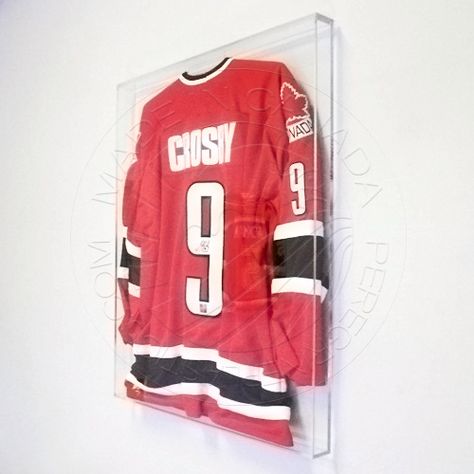 Sports Memorabilia Jersey Display Case | by Peregrine Custom Plastics Hockey Jersey Wall Display, Sports Memorabilia Display Ideas Framed Jersey, Jersey In Frame, Framed Sports Jersey, Man Cave Ideas Cheap, Man Cave Colors, Sports Memorabilia Display, Framed Hockey Jersey, Classy Man Cave