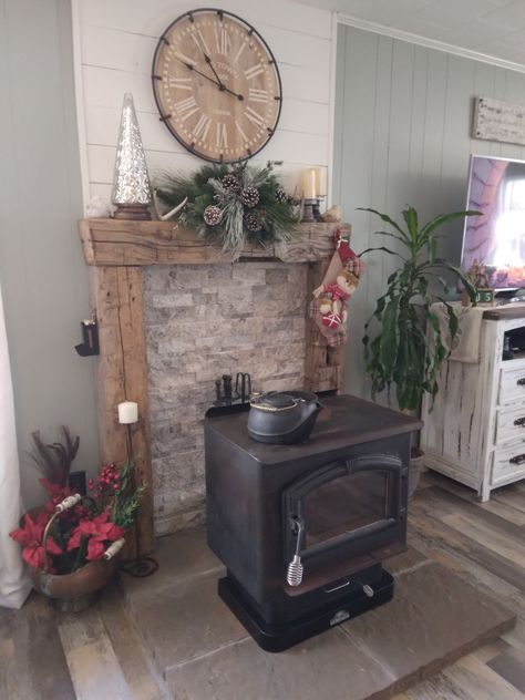 Shiplap Wood Stove, Behind Wood Stove Wall, Wood Stove Surround Wall, Stone Behind Wood Stove, Wood Stove Wall Behind, Pellet Stove Ideas, Bedroom Mantle, Stove Surround, Corner Wood Stove