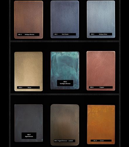 Artistic Metals metal finish samples. Specialist Metal Architectural Finishes from artisticmetals.co.uk Double Villa, Architectural Finishes, Molten Metal, Blackened Steel, Wall Finishes, Metal Texture, Metal Sheet, Aluminium Sheet, Metal Panels