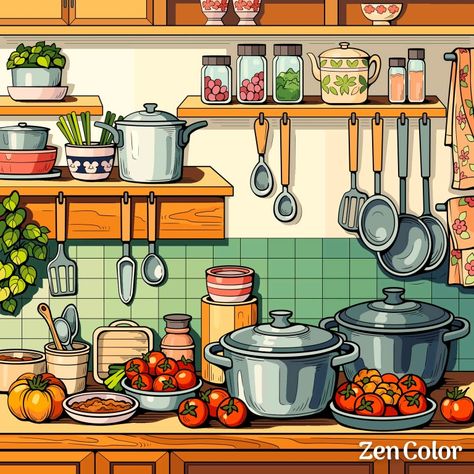 Colouring Art, 300 Pieces Jigsaw Puzzle, Drawing Scenery, Recipe Drawing, Kitchen Drawing, Zen Colors, Food Clipart, Object Drawing, Diy Watercolor Painting