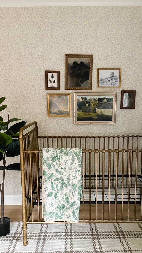 Nursery Photo Collage Wall, Nursery Gallery Wall Above Crib, Nursery Gallery Wall Neutral, Nursery Wall Gallery, Vintage Botanical Nursery, Collage Wall Nursery, Gallery Wall Over Crib, Vintage Gallery Wall Nursery, Vintage Nursery Wall Art