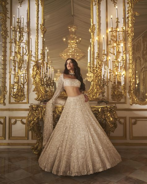 BIBI London Couture | Lehenga White Wedding Lehenga, Indian Wedding Reception Outfits, Blouse Organza, Full Sleeves Blouse, Sequin Lehenga, Pearl Tassels, Wedding Reception Outfit, Seema Gujral, Reception Outfits