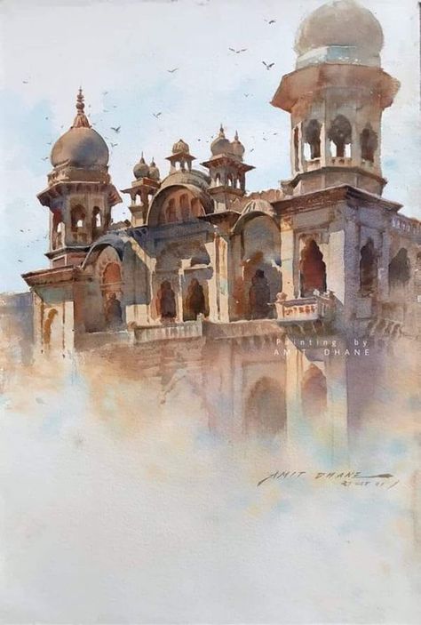 CÂNÂ Art Page | By Amit Chandrakant Dhane / INDIA/ Watercolor | Facebook India Watercolor Painting, Udaipur Paintings, Indian Architecture Painting, Watercolor Scenery, India Painting, Building Painting, Watercolor Architecture, Beautiful Art Paintings, Scenery Paintings