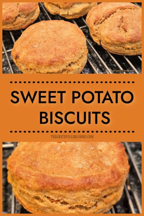 Sweet Potato Biscuits, flavored with cinnamon, nutmeg and cloves are a tasty side dish for soups or meat entrees! Recipe yields 8 biscuits. via @gratefuljb Sweet Potato Biscuits Recipe, Potato Biscuits Recipe, Meat Entrees, Potato Biscuits, Flour Biscuits, Sweet Potato Biscuits, Bake Goods, Best Sweets, Girl Cooking