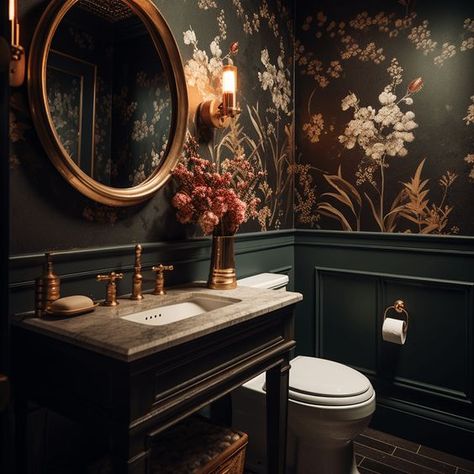 Dark Academia Bathrooms, Dark Moody Half Bathroom, Unique Half Bathroom Ideas, Dark Floral Bathroom, Dark Color Bathroom, Dark Green And Black Bathroom, Moody Half Bathroom Ideas, Dark Moody Bathroom Ideas, Victorian Gothic Bathroom