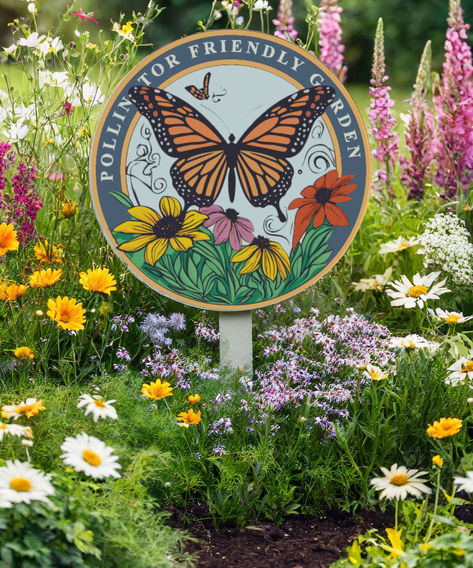 An outdoor garden sign in a pollinator garden, featuring a butterfly and colorful flowers, surrounded by a variety of blooming plants ideal for attracting pollinators. Pollinator Front Yard, Pollinator Garden Plans, Pollinator Garden Design, Butterfly Gardens, Garden Labels, Garden Makeover, Pollinator Garden, Wildflower Garden, Charming Garden