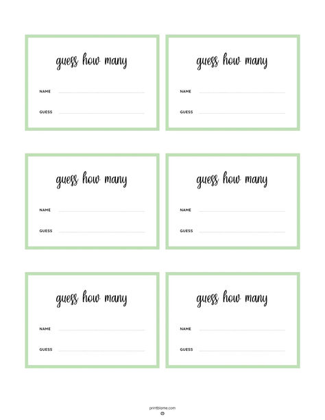 Guess How Many printable template with six cards per page, each featuring spaces for name and guess. Guess How Many Free Template, Guess My Number Game Math, Free Printable Guess How Many Candies, Candy Guessing Game Jars, Guess How Many Candies In The Jar Free Printable, Guess How Many Candies In The Jar, Guess How Many In A Jar Printable Free, Guess How Many In A Jar, Guessing Jar