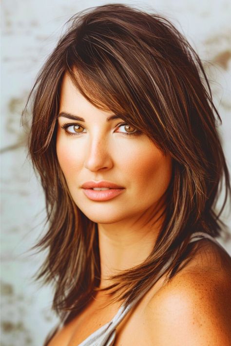 This medium-length straight shag is all about texture and depth, with choppy layers that create a lively, youthful appearance. The side-swept bangs frame the face beautifully. Click here to see more stunning medium-length hairstyles for women over 40. Haircuts For Medium Length Hair, Layered Haircuts For Medium Hair, Medium Layered Hair, Medium Length Hair With Layers, Bangs With Medium Hair, Shoulder Length Hair Cuts, Haircuts For Medium Hair, Medium Hair Cuts, Layered Cuts