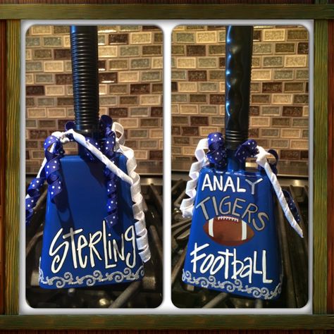 Napa Valley Cowbells!! Ordering info: laceymcdaniel@sbcglobal.net #football, #fallsports, #spirit, #footballmom, #footballseason School Spirit Crafts To Sell, Diy Cowbells For Football, Football Cowbells Ideas, Cow Bell Decor Ideas Football, School Spirit Items To Sell, Knights Crafts, Football Cowbell Ideas, Cowbell Decorations Football, Decorated Cowbells For Football