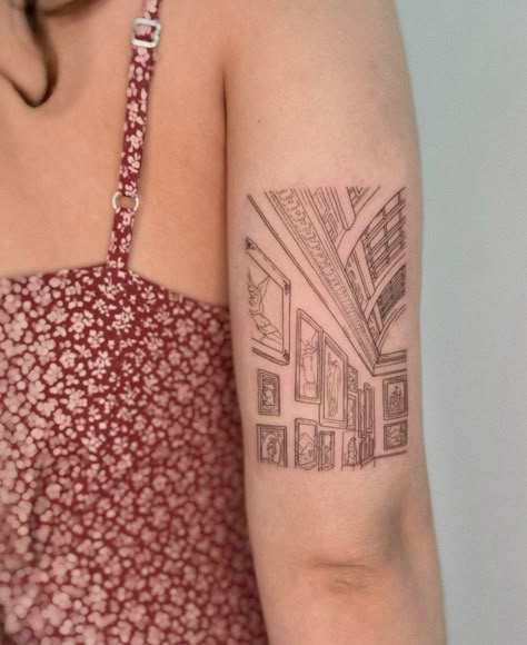 tattoo at the museum 🖼️ Tattoo Of Painting, Fine Art Inspired Tattoo, Museum Tattoo Ideas, Louvre Tattoo, The Muses Tattoo, Architectural Tattoos, Art Gallery Tattoo, Europe Tattoo Ideas, Famous Art Tattoo