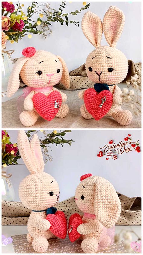 Valentine Amigurumi Free Pattern, Valentine Crochet Ideas, Valentine Crochet Patterns Free, Bunny Crochet Free Pattern, Crochet Valentines Ideas, Valentine Animals, Heart Amigurumi, Amigurumi Crochet Free Pattern, Crochet Valentines