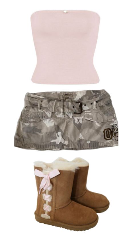 Pink Camo Outfit, Camo Mini Skirt Outfit, Y2k Camo Outfits, Camo Skirt Outfit Y2k, Camo And Pink Outfit, Coquette Mcbling, Y2k Camo, Mini Skirt Outfit Ideas, 2000s Mini Skirt Outfit