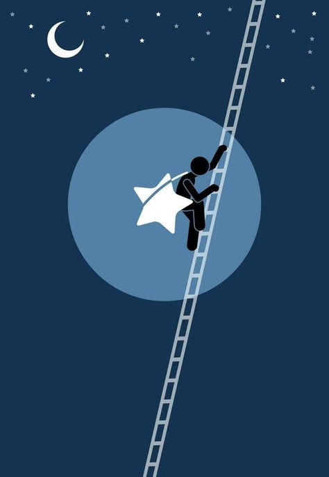 Person climbing down a long ladder after successfully take a star from the sky. Vector illustration depicts concept of accomplishment, success, determination, ambition, journey, adventure, and dream. Climbing Ladder Illustration, Ambition Illustration, Success Illustration Art, Determination Illustration, Determination Aesthetic, Success Illustration, Teachers Day Poster, Hard Drawings, Sky Vector