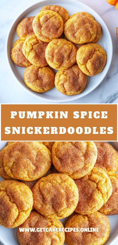 A plate of Pumpkin Spice Snickerdoodles, soft and perfectly spiced, ready for fall dessert cravings. Pumpkin Snickerdoodle Cookie Recipe, Pumpkin Spice Cookie Recipe, Soft Snickerdoodle Cookies, Butter Cake Cookies, Easy Pumpkin Dessert, Pumpkin Snickerdoodles, Recipe Thanksgiving, Apricot Recipes, Pumpkin Spice Cookies