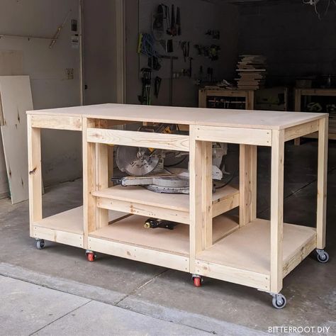 DIY Workbench with Hideaway Miter Saw - Bitterroot DIY Ryobi Table Saw, Table Saw Station, Garage Workbench Plans, Mitre Saw Station, Saw Table, Garage Workbench, Miter Saw Table, Best Table Saw, Table Saw Fence