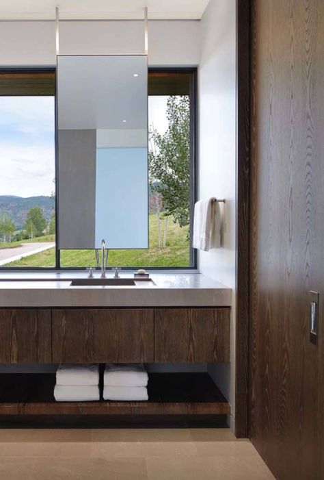 Vanity In Front Of Window, Mirror In Front Of Window, Two Sink Bathroom, Floating Mirror, Mountain Modern Home, Modern Home Decor Bathroom, Bathroom Window, Bathroom Red, Interior Bathroom