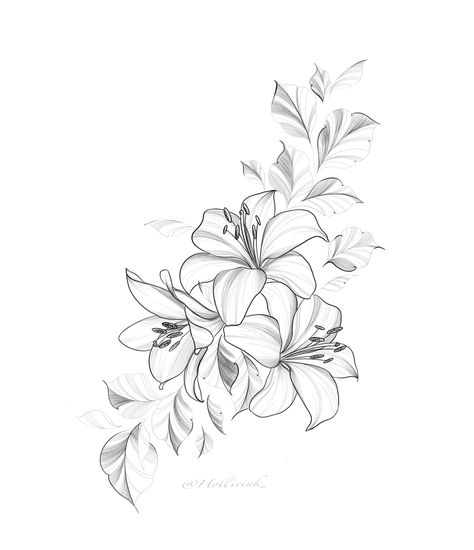 Lilies Drawing Tattoo, Flower Tattoos For Leg, Lily Flower Hip Tattoo, 3 Lily Tattoo Design, Tattoos Of Lily Flowers, Tattoo Flowers Shoulder, Lily Tattoo Drawing, Lilies Flowers Tattoos, Lily Flower Tattoos Shoulder