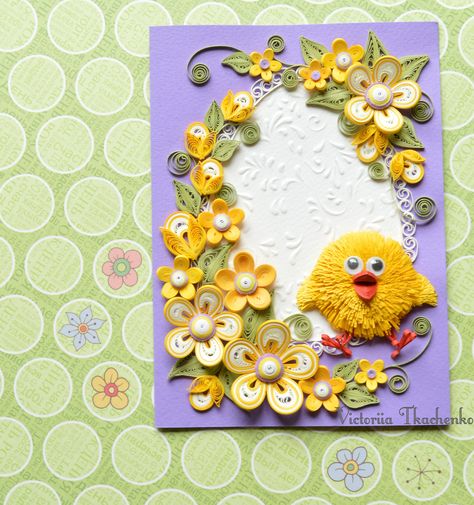 Quilling Card - Anniversary quilling Card - Baby shower quilling card - Birthday quilling card - Lovely chicken in pastel colors Birthday Quilling, Quilling Photo Frames, Paper Quilling Cards, Quilled Creations, Card Anniversary, Quilling Flowers, Quilling Cards, Easter Card, Quilling Designs