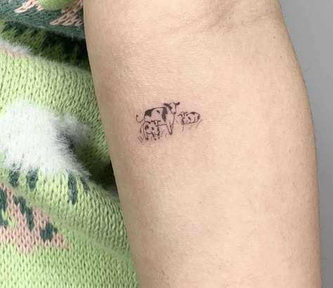 Micro Animal Tattoo, Tiny Highland Cow Tattoo, Dainty Sheep Tattoo, Small Farm Tattoo, Farm Tatoos, Baby Calf Tattoo, Dainty Cow Tattoo, Cow And Calf Tattoo, Farm Animals Tattoo