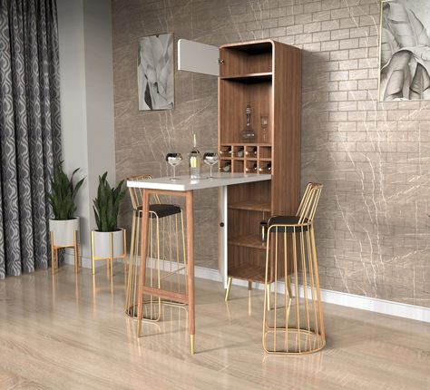 The Riesling Bar Counter/Cabinet Storage for home by Creative Furniture. One of the trendy and compact foldable bar cabinet features a style fit for your visitors to be entertained. Consists of enough storage area with shelving, a hanging chamber for glass, and a display that can accommodate regular wine bottles. Ideal for dining/living, side shelves are cleverly balanced in shape and function. Crafted in MDF in Wooden Finish Veneer. An exotic bar table with all utilities for making cocktails as Bar Counter With Storage, Modern Luxury Furniture, Counter Cabinet, Luxury Furniture Stores, Luxury Modern Furniture, Cabinet Storage, Modern Bar, Creative Furniture, Storage Area