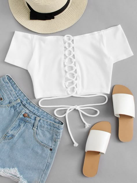 Off Shoulder Lace Up Crop Top -SheIn(Sheinside) Teen Crop Tops, Gaun Fashion, Super Outfit, Trendy Outfits For Teens, Cute Crop Tops, Crop Top Outfits, Outfit Trends, Cute Summer Outfits, Dresses For Teens