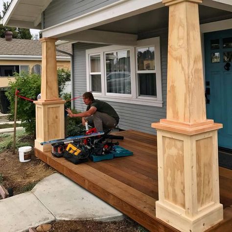 Craftsman Posts Columns, Deck Post Wrap Ideas, Craftsman Columns, Porch Update, Porch Pillars, Craftsman Porch, Veranda Design, Front Porch Columns, Porch Awning