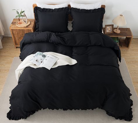 PRICES MAY VARY. [Black Ruffle Duvet Cover] Andency black duvet cover set adopts vintage ruffle fringe, modern farmhouse style, cute and elegant. There are beautiful ruffles on 3 sides, give you a chic, textured addition to your bedroom decor. Our black ruffled duvet cover set comes with solid color design, simple but stylish. Black duvet cover is suitable for any room, such as a bedroom, guest room, kids room, vacation room, and so on. [King Duvet Cover Set] 3 pieces king duvet cover set Includ Goth Duvet Cover, Bed Comforter Sets Amazon, Black Ruffle Bedding, Black Silk Bedding Aesthetic, Dark Fairy Room, Black Duvet Cover Bedroom, Black Bed Spread, Black Sheets Bedroom Ideas, Goth Room Ideas Bedrooms