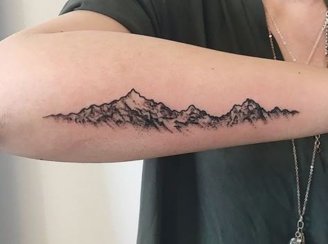 Wrap Around Mountain Arm Tattoo, Moutain Tattoos, Trees Tattoo, Mountain Range Tattoo, Mountain Tattoo Design, Waist Tattoos, Tattoo Concepts, Chest Tattoo Men, Arm Band Tattoo