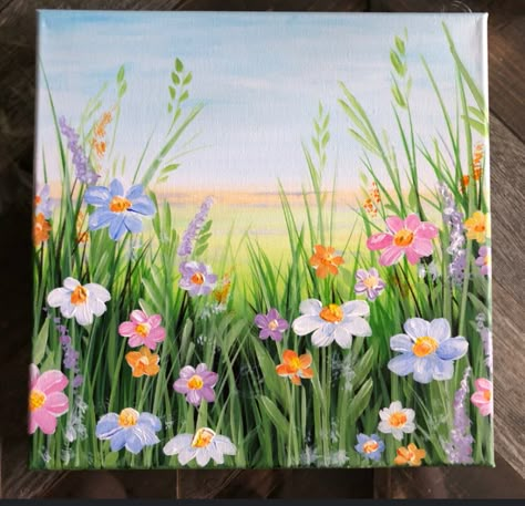 Meadow Painting Acrylic Easy, Wildflower Field Painting Easy, Wildflowers Canvas Painting, Flower Scenery Painting Easy, Beautiful Things To Paint, Garden Painting Ideas Canvas, Flower Fields Drawing, Flower Paint And Sip, Flowers In Grass Painting