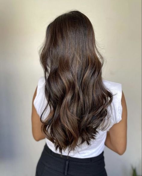 Dark Gloss On Hair, Dark Low Lights On Brown Hair, French Glossing Hair, Dark Brown Hair Gloss, California Brunette Hair Dark, Straight Chocolate Brown Hair, Full Brown Hair, Rich Brunette Balayage, Expensive Brown Hair