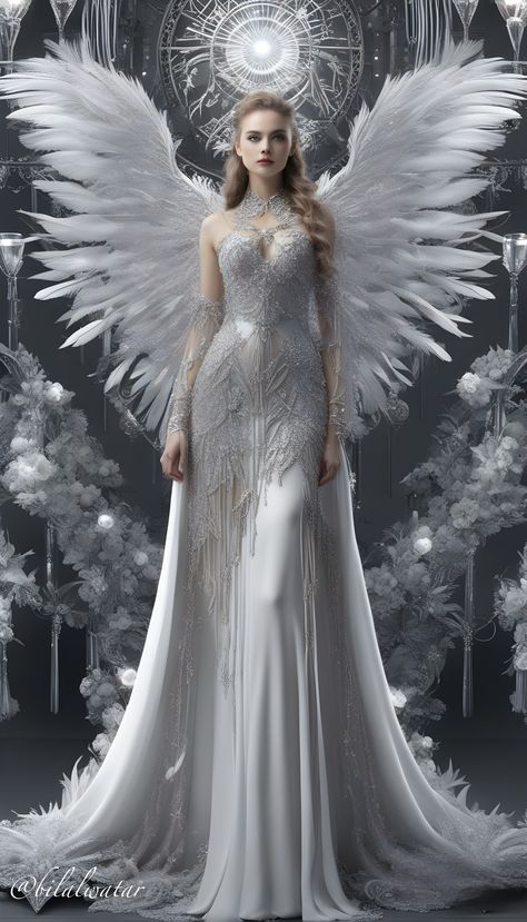 White Dress With Angel Wings, White Dress Fantasy Art, Fantasy Formal Wear, White Fantasy Dress, Fantasy Queen Dress, Fantasy Dress Queens, White Angel Dress, Fantasy Formal, Queen Fantasy Art