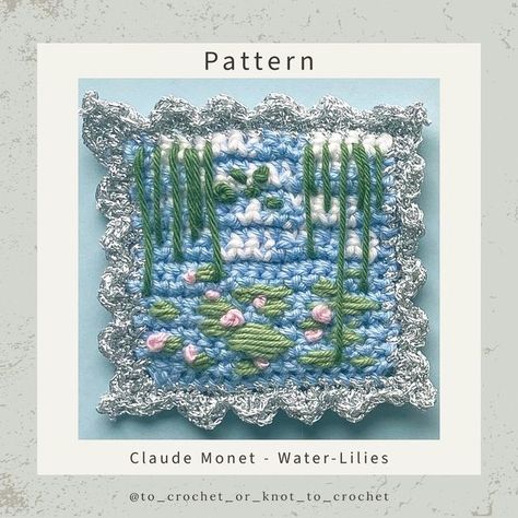 Tiny Paintings Crochet Pattern, Painting On Tapestry, Crochet Water Lily Granny Square, Crochet Lily Granny Square, Crochet Art Projects, Crochet Art Pieces, Crochet Painting Patterns, Medium Crochet Projects, Crochet Design Ideas